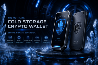 Cold Crypt Vault product render showing the handheld touchscreen wallet and rear casing