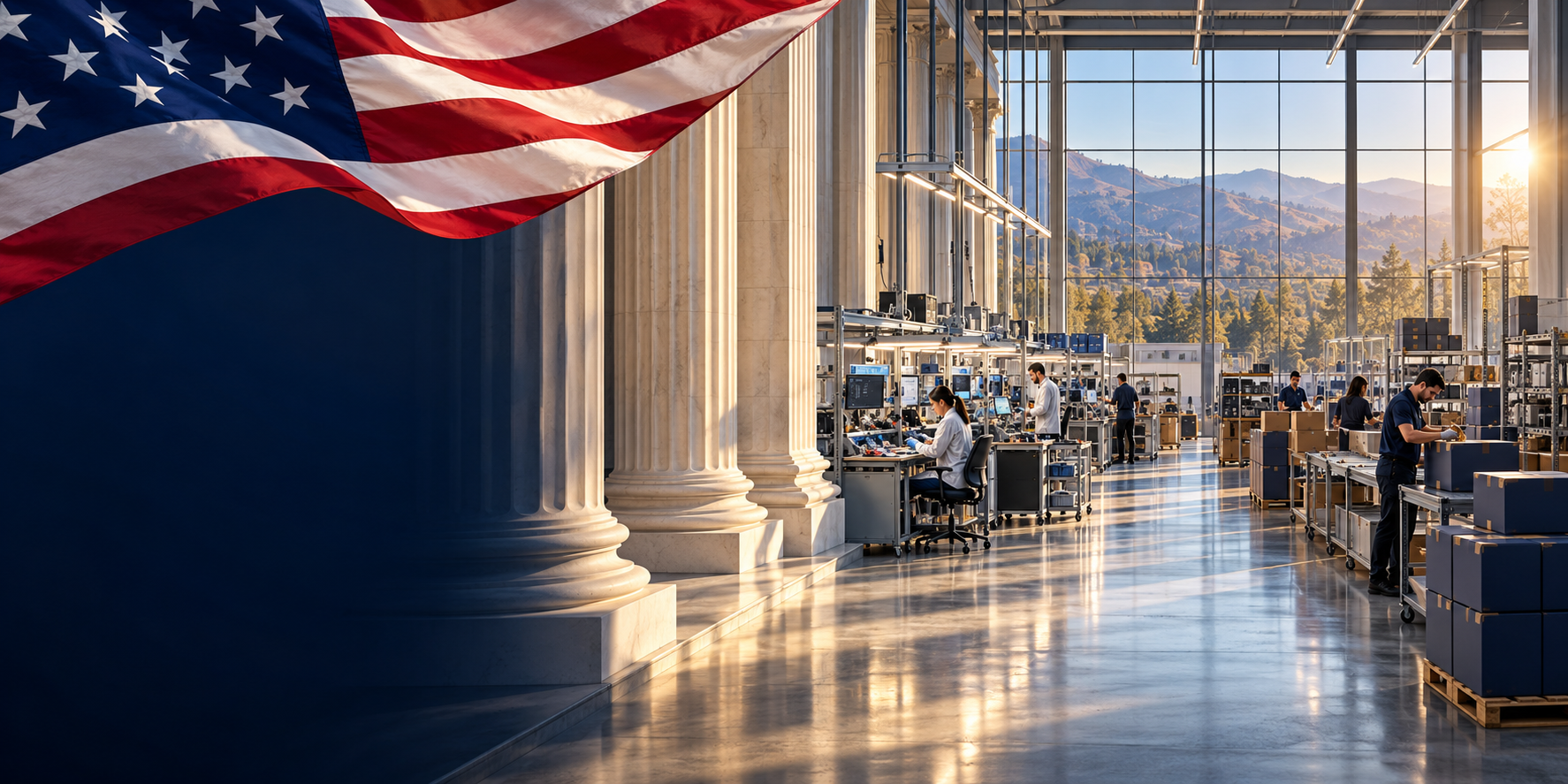 Concept artwork of an American flag, white stone columns, and a modern electronics manufacturing and shipping facility.