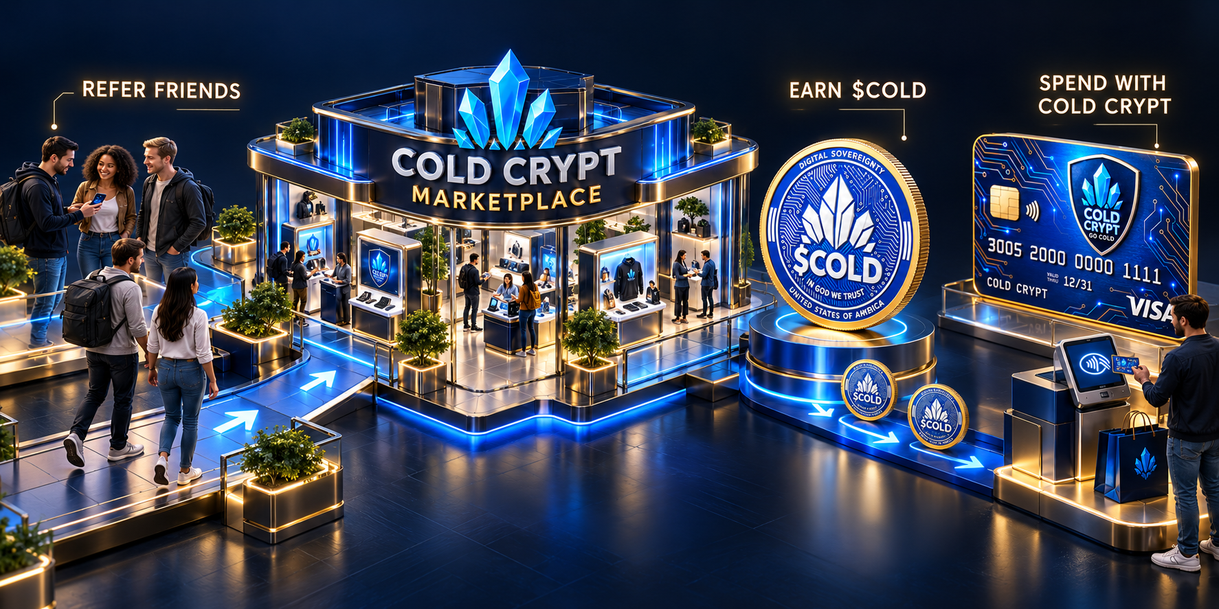 Cold Crypt Marketplace concept showing customers referring friends, earning $COLD token rewards, and spending with the Cold Crypt Visa card.