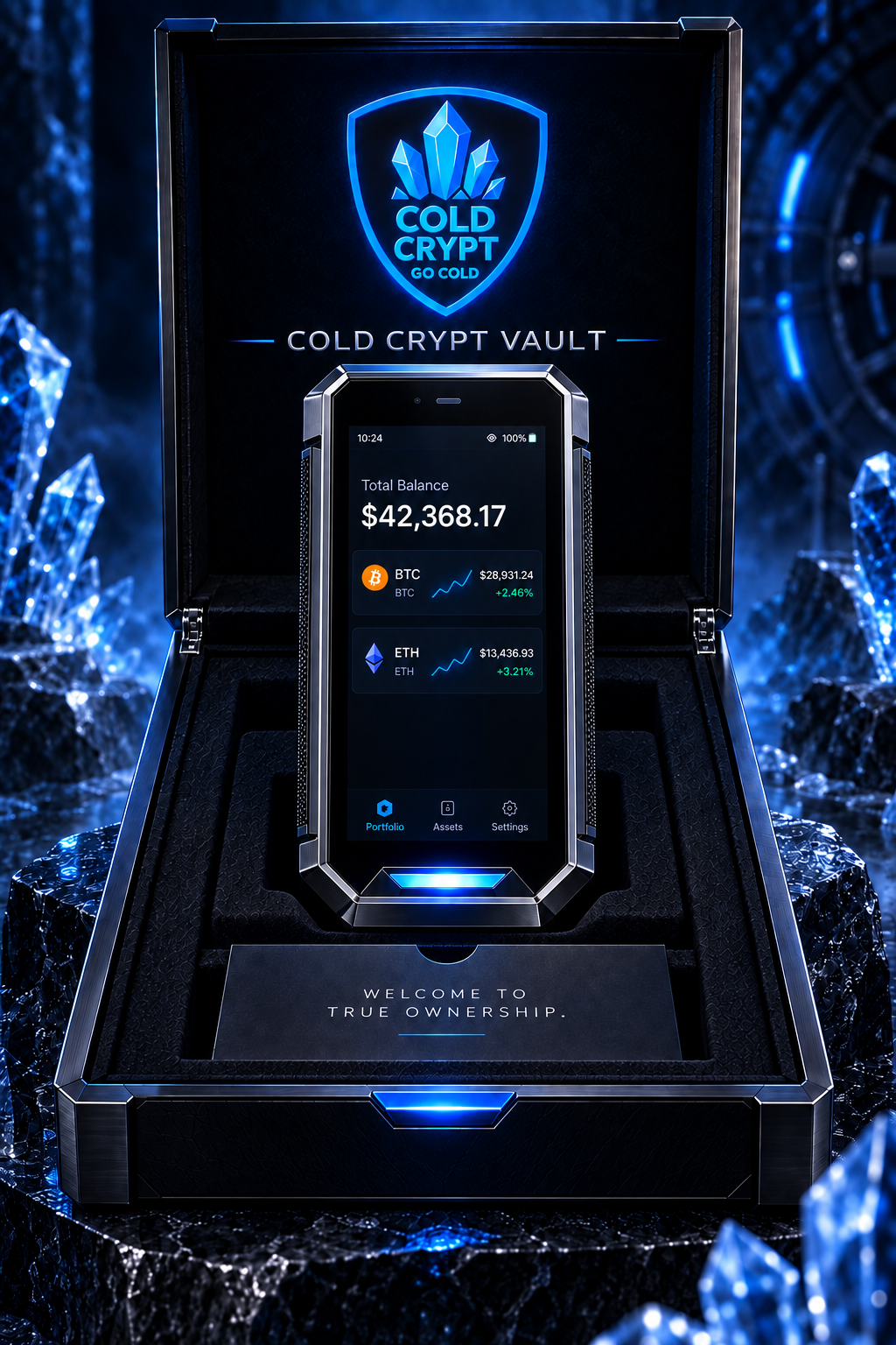 Cold Crypt Vault presented in its illuminated blue display case