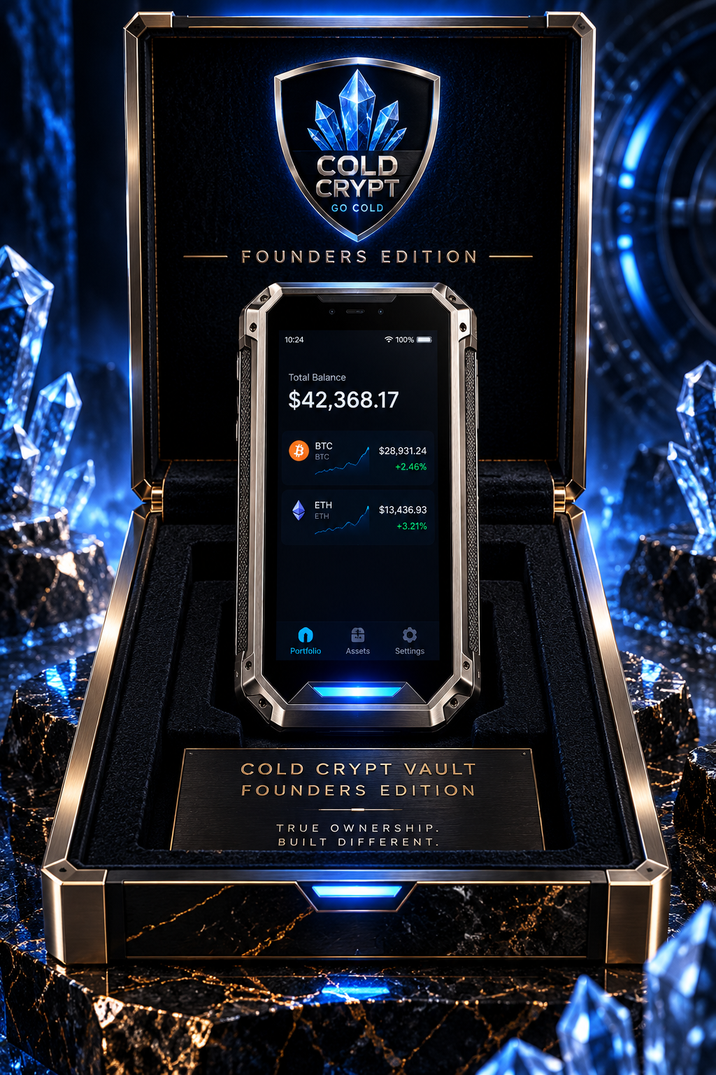 Cold Crypt Vault Founders Edition presented in its gold-trimmed display case